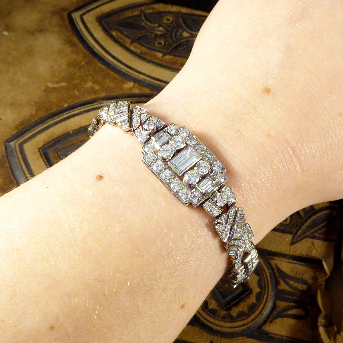 Art Deco 10.38ct Diamond Panel Bracelet in Platinum in Original Antique Box - Wharfedale Antiques