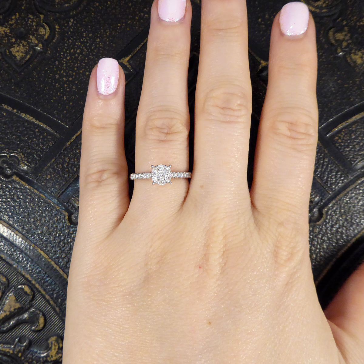 Solitaire Illusion set Diamond Cluster Ring in White Gold with Diamond Shoulders - Wharfedale Antiques