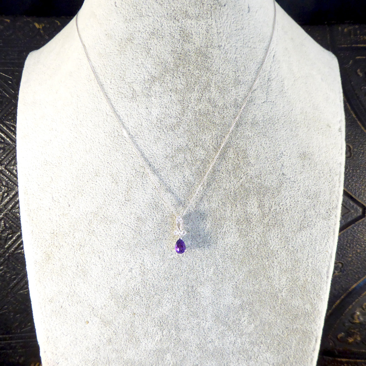 Art Deco Inspired Pear Shaped Amethyst Drop Necklace with Diamonds set in 18ct White Gold