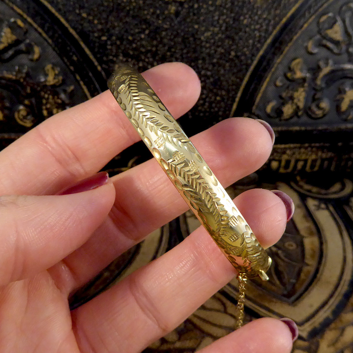 Vintage Yellow Gold Engraved Bangle with Safety Chain - Wharfedale Antiques