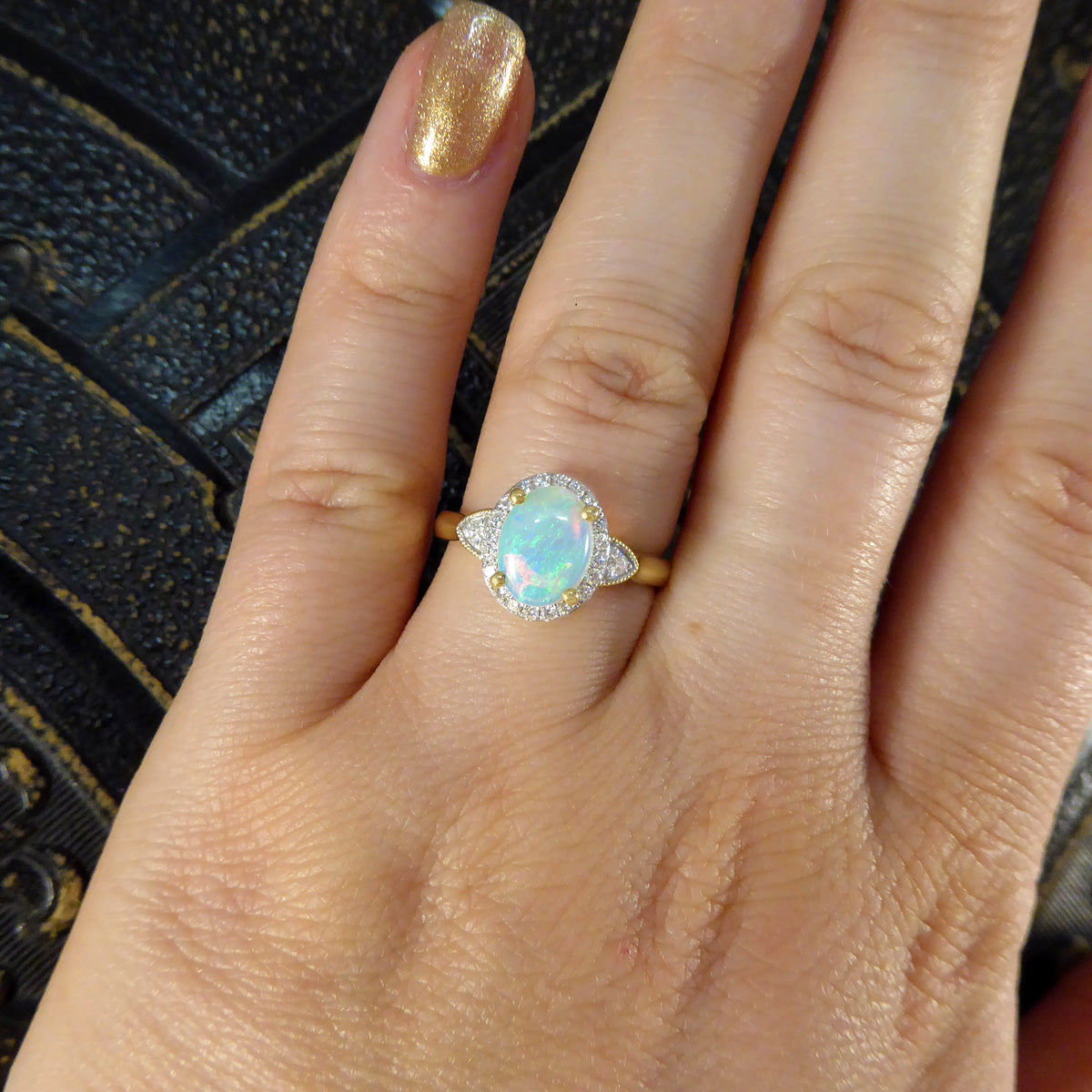 Modern Opal and Diamond Cluster Ring in 18ct Yellow Gold