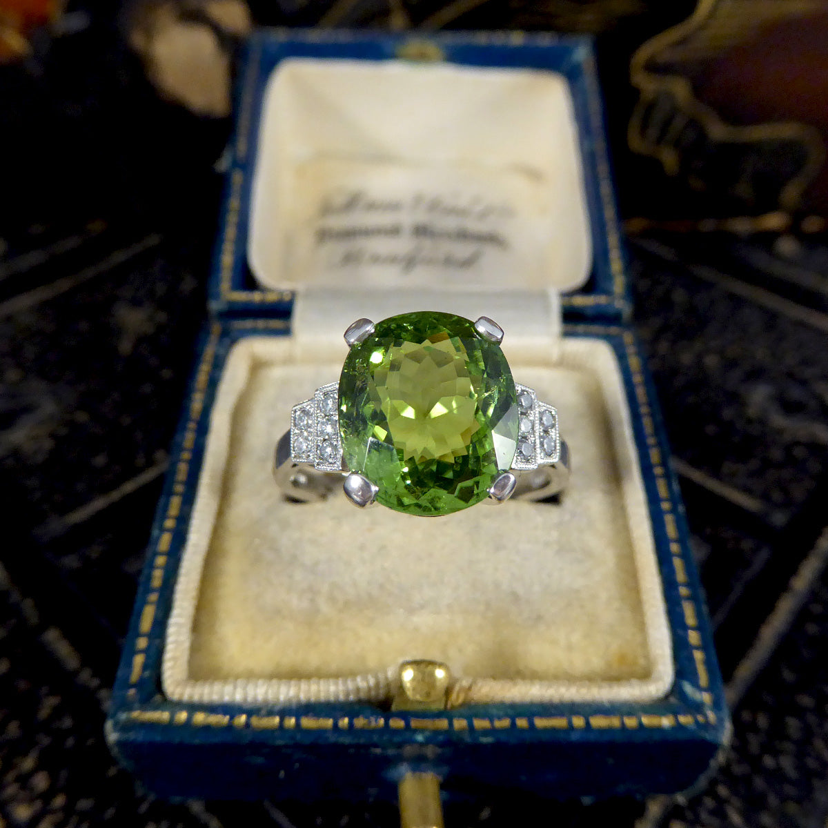 ON HOLD Green Tourmaline Ring with Diamond Staged Shoulders in Platinum