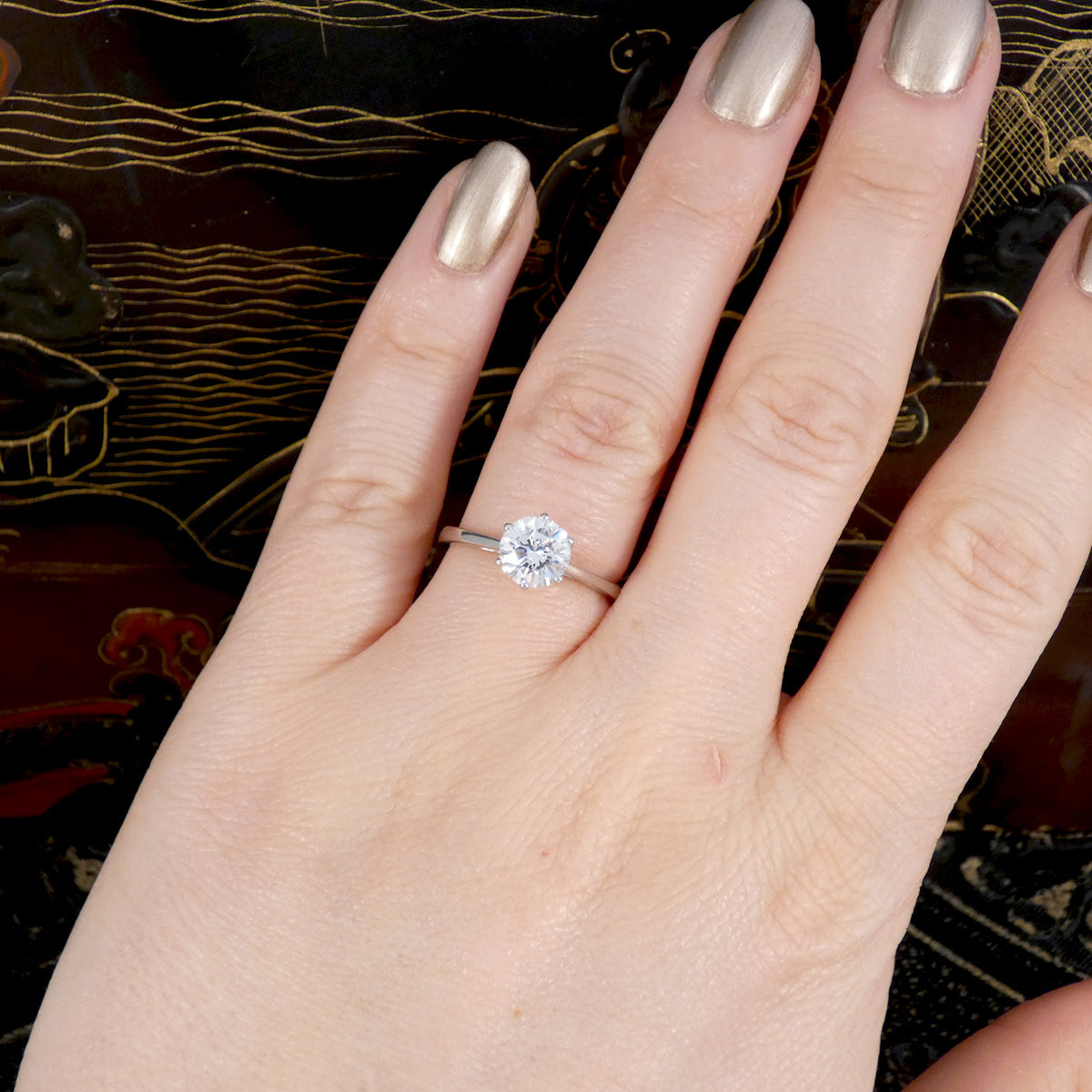 A stunning 1.22ct Brilliant Cut Diamond solitaire engagement ring in a Platinum 6 claw setting. Shown on the hand to see size and shape reference.
