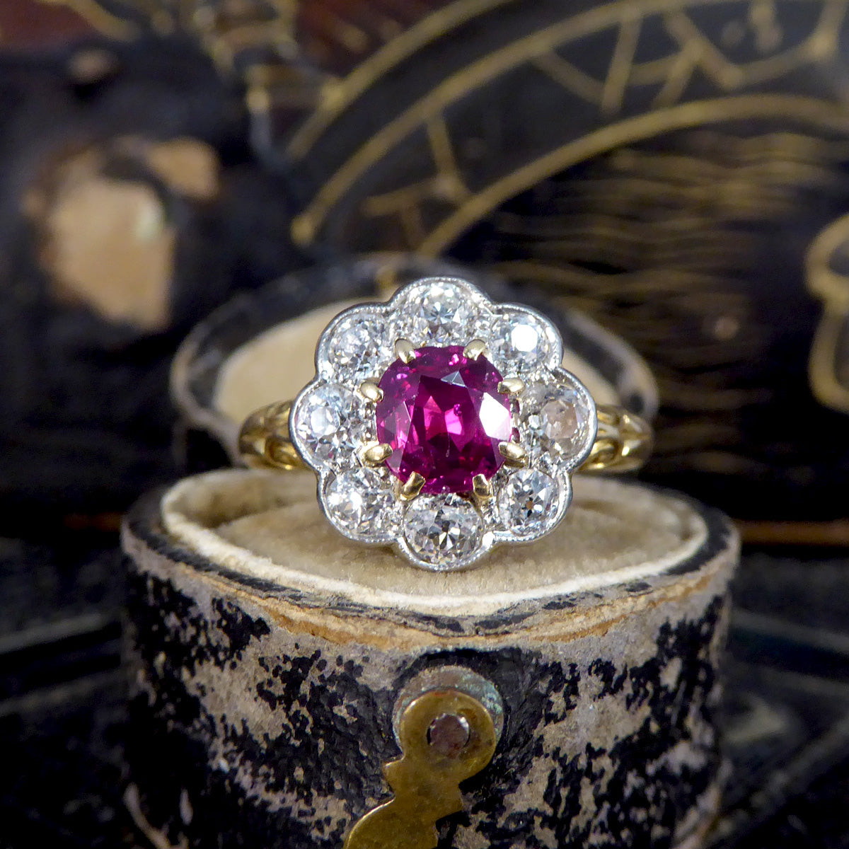 Late Victorian No Heat Burma Ruby and Diamond Cluster Ring in 18ct Yellow Gold