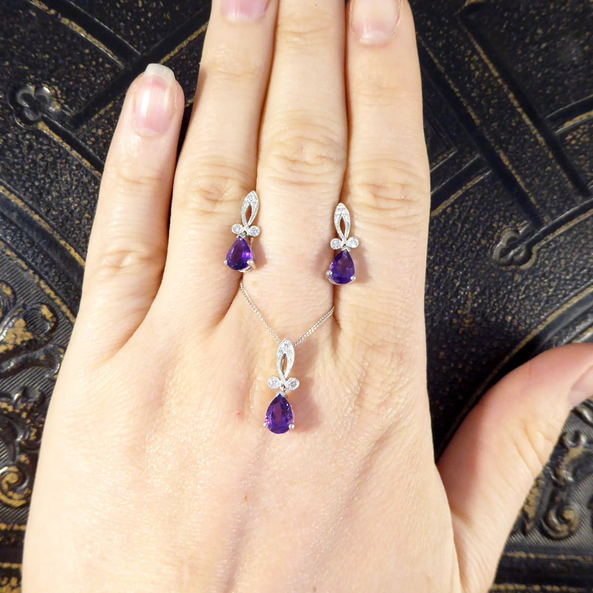 Art Deco Inspired Pear Shaped Amethyst Drop Earrings with Diamonds set in 18ct White Gold