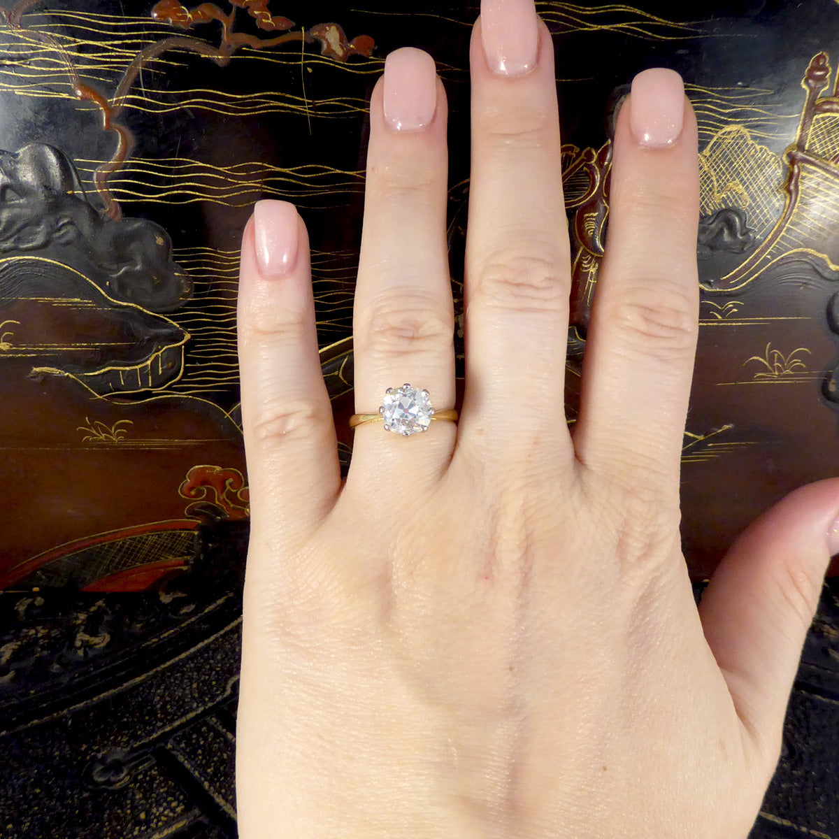 Over 2ct Old Cushion Cut Diamond Hight Set Solitaire Ring in 18ct Yellow and White Gold