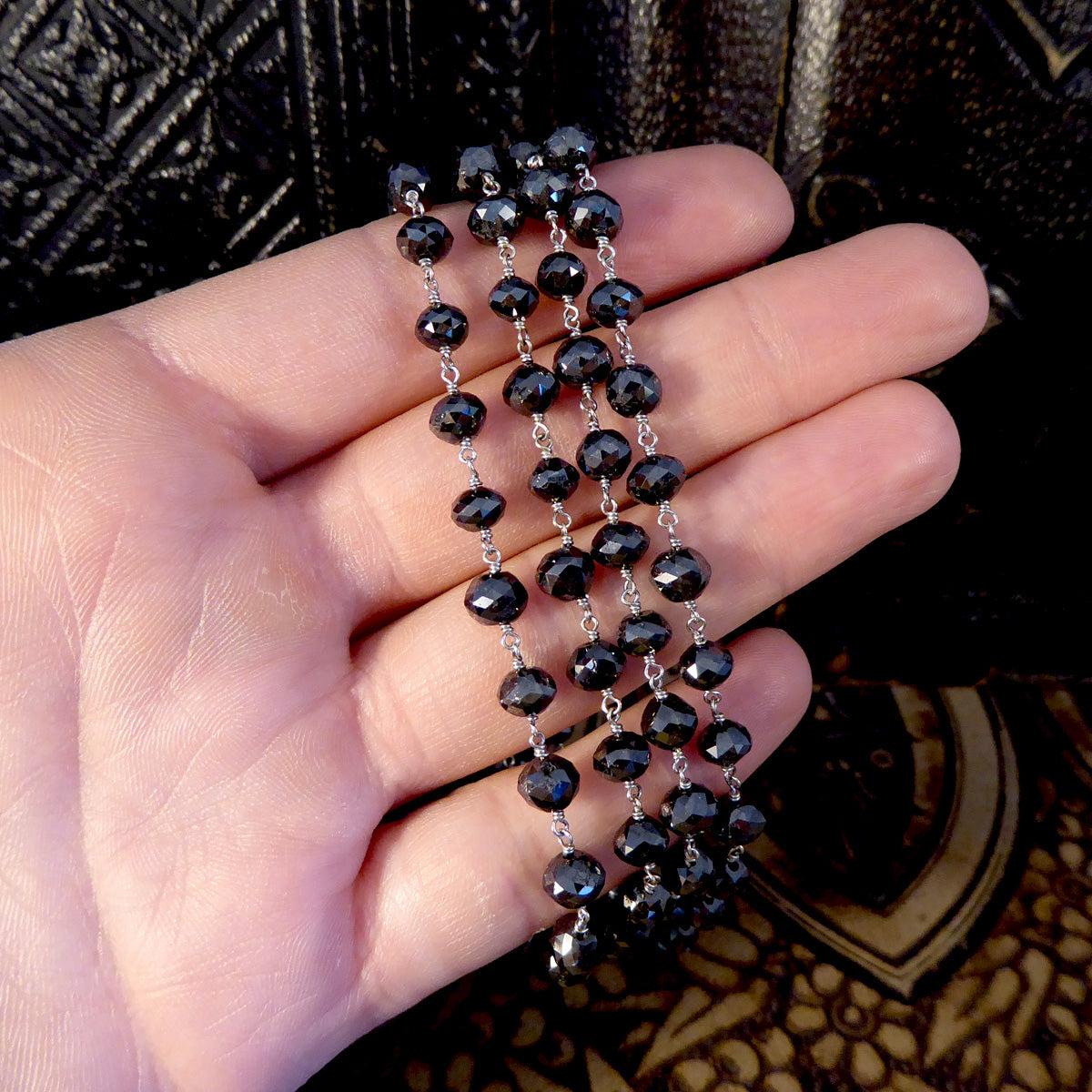 Vintage Black Diamond Long Link Necklace with 18ct White Gold and Diamond Clasp - Wharfedale Antiques