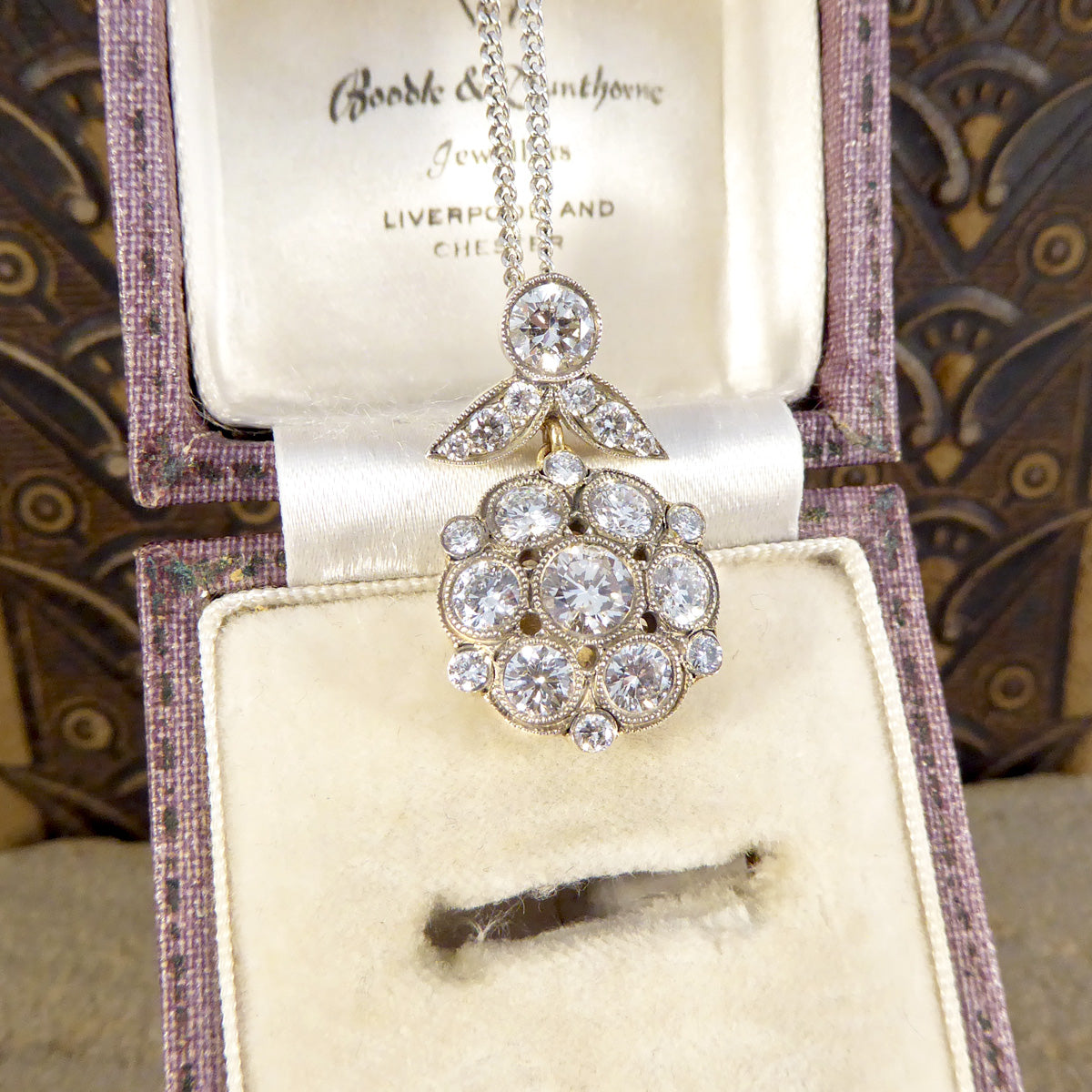 Antique Style 2.50ct Diamond Cluster Drop Pendant Necklace in Yellow Gold and Silver - Wharfedale Antiques