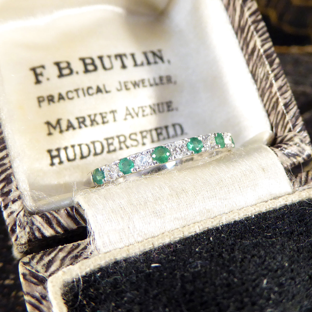 Emerald and Diamond Half Eternity Ring in White Gold - Wharfedale Antiques