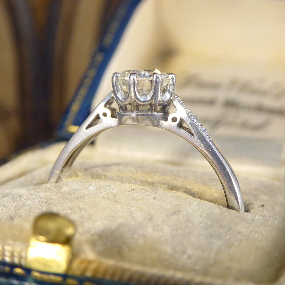 0.53ct Old Cut Diamond Solitaire with Diamond Shoulders in Platinum - Wharfedale Antiques