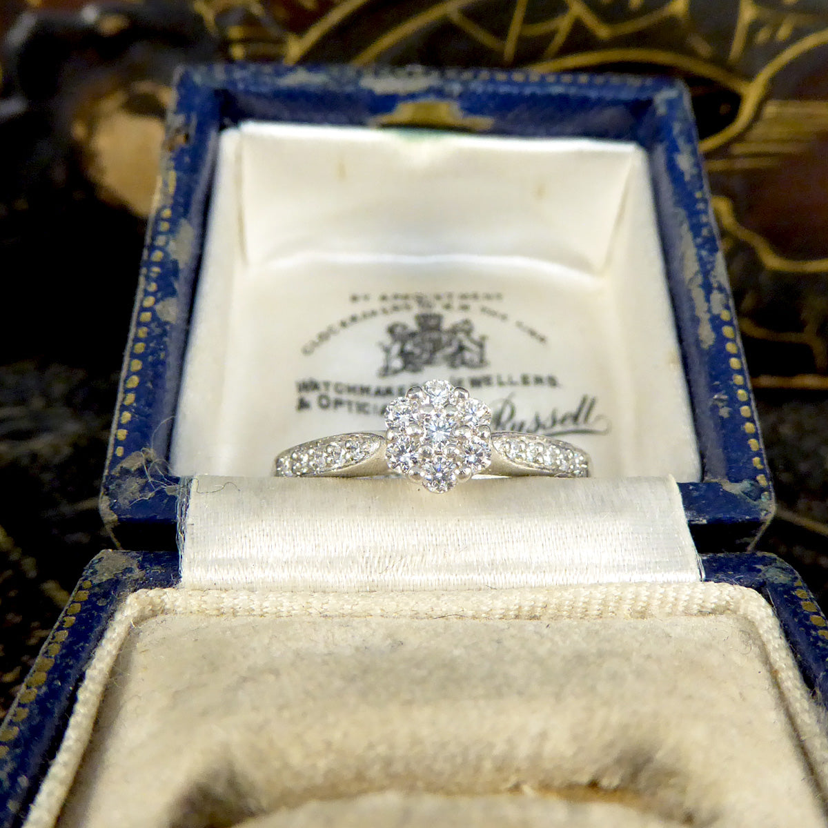 Daisy Diamond Cluster Ring with Diamond Shoulders in Platinum - Wharfedale Antiques