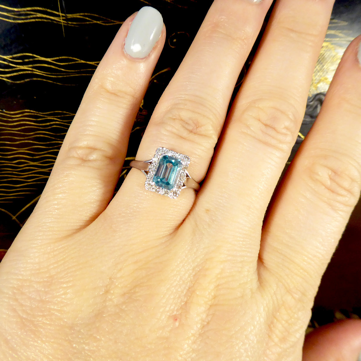 Blue Zircon and Diamond Cluster ring in 18ct White Gold and Platinum