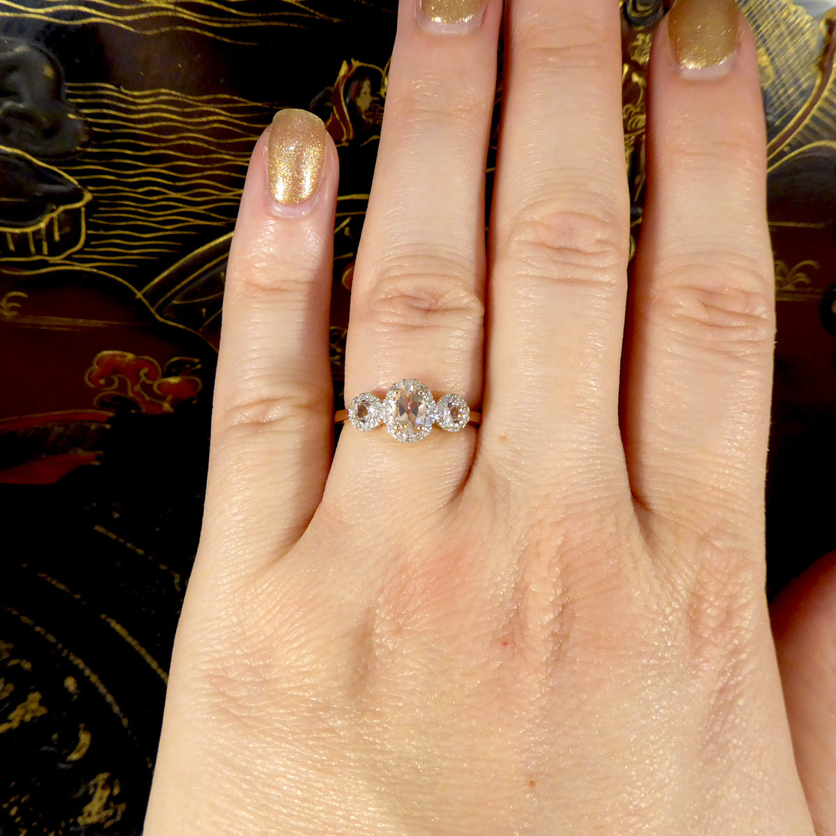 Morganite and Diamond Triple Cluster Ring in Rose Gold - Wharfedale Antiques