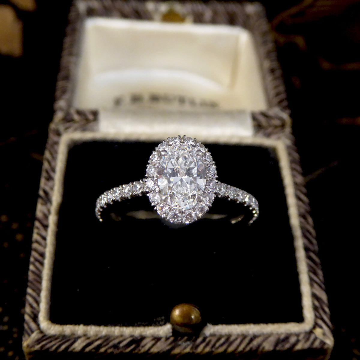 GIA D Colour Oval Cut Diamond Cluster ring with Diamond Shoulders in Platinum - Wharfedale Antiques