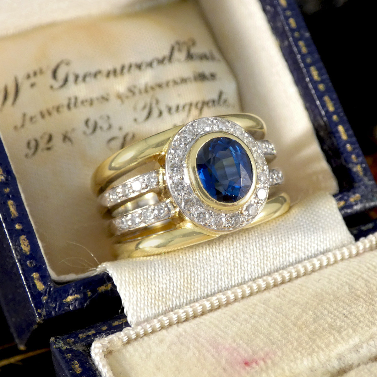 Sapphire and Diamond Four Strand Chunky Dress Ring in 18ct Gold displayed in a vintage box.