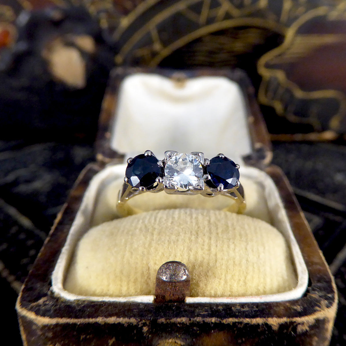 Vintage Sapphire and Diamond Three Stone Ring in 18ct Yellow Gold - Wharfedale Antiques