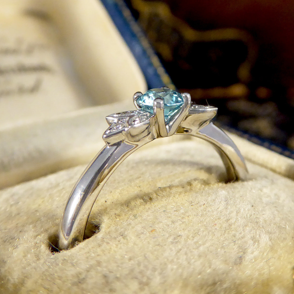 Blue Zircon and Diamond set Butterfly Ring in Platinum