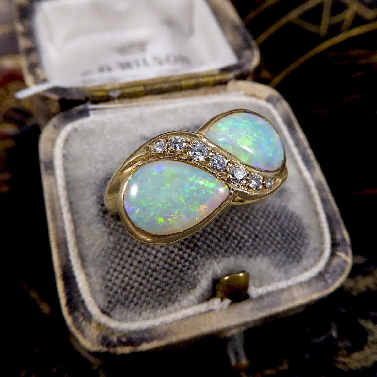 Vintage Pear Cut Opal and Diamond Toi Et Moi Style Ring in Yellow Gold - Wharfedale Antiques
