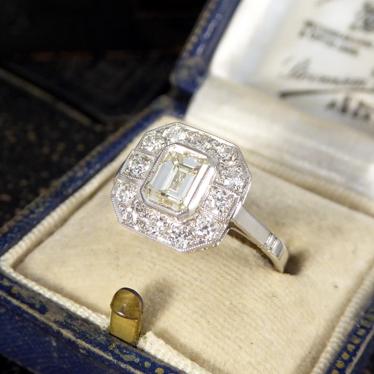 Art Deco Inspired Emerald Cut Diamond Cluster Ring in Platinum - Wharfedale Antiques