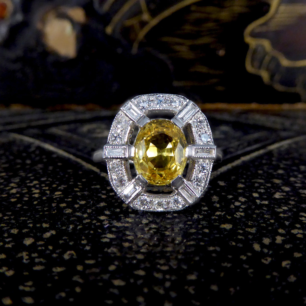 Art Deco Inspired Yellow Sapphire and Diamond Sunshine Cluster Ring in Platinum - Wharfedale Antiques