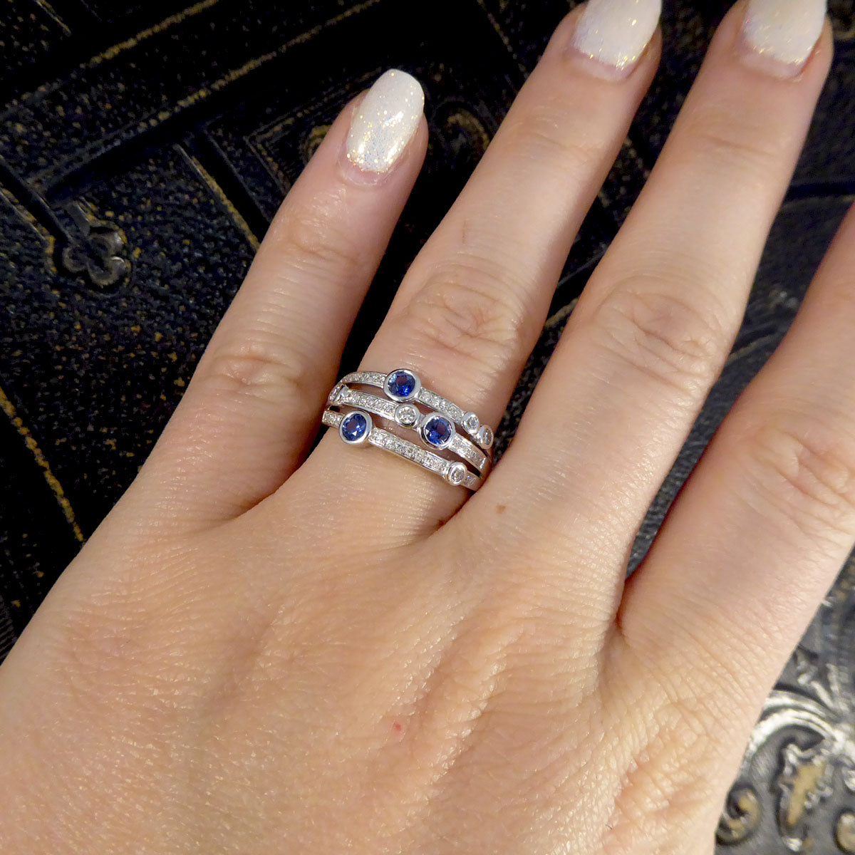 Ceylon Sapphire and Diamond Bubble Style Ring in Platinum - Wharfedale Antiques