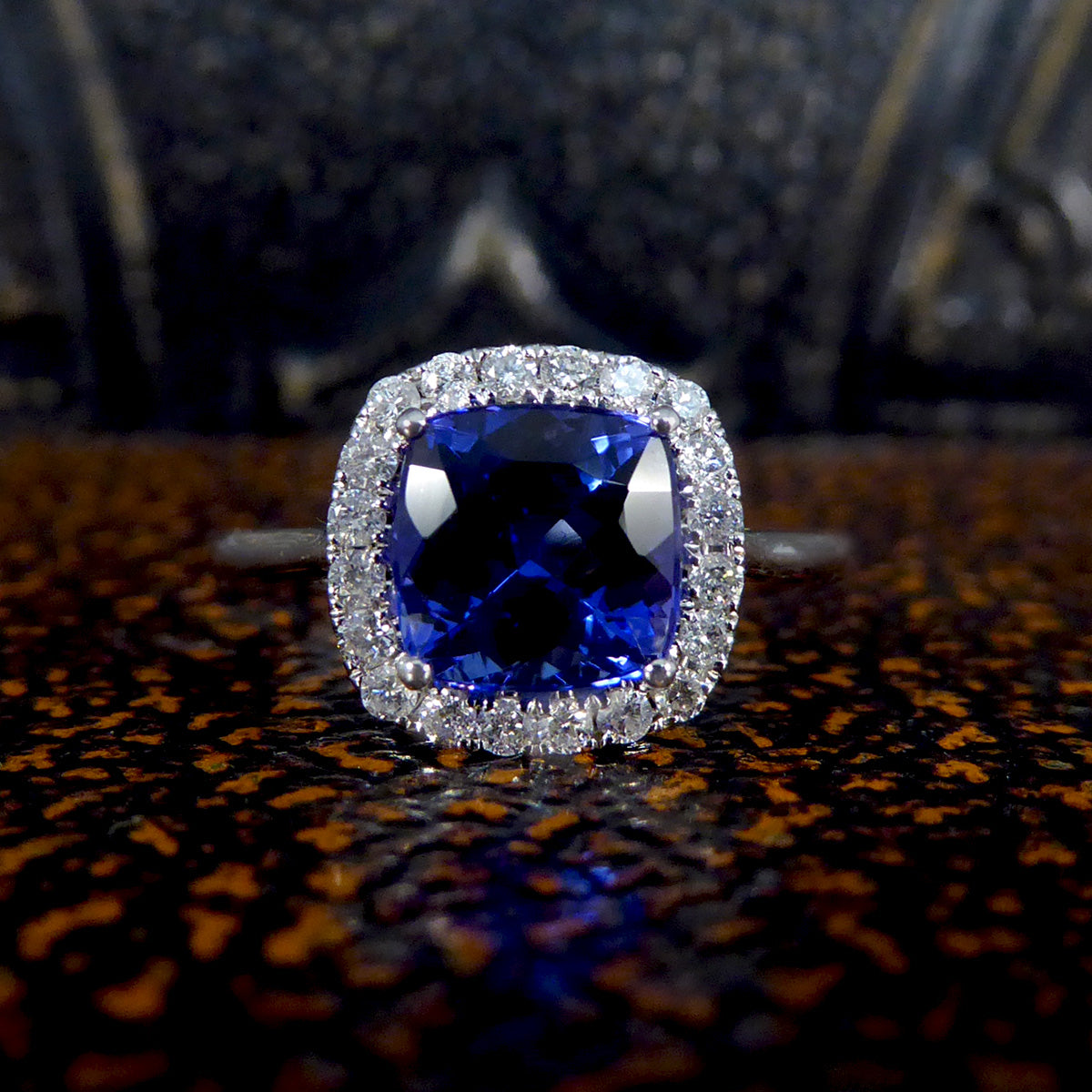 Cushion Cut Tanzanite and Diamond Cluster Ring in White Gold - Wharfedale Antiques