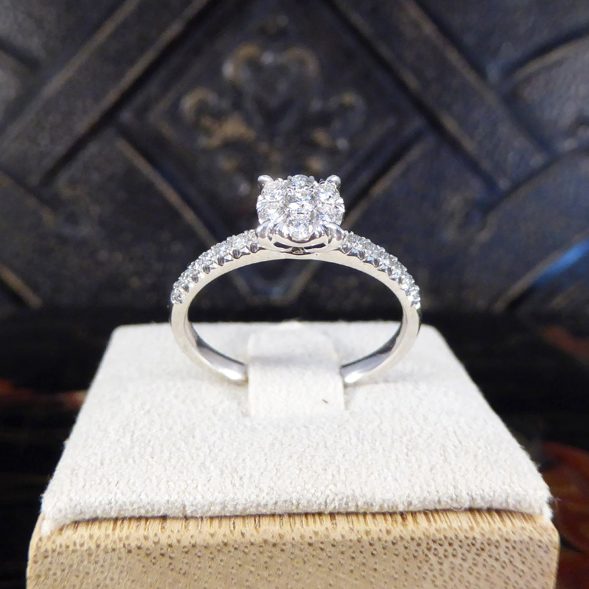Solitaire Illusion set Diamond Cluster Ring in White Gold with Diamond Shoulders - Wharfedale Antiques