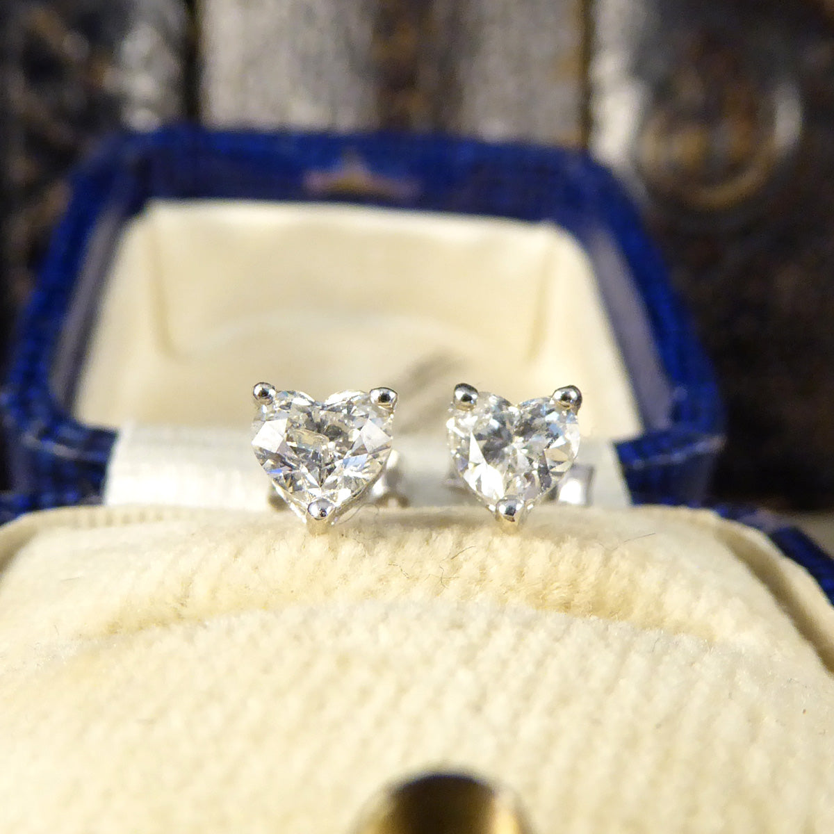 Heart Cut Diamond Earrings 0.81ct Total in Platinum Claw Set Studs - Wharfedale Antiques