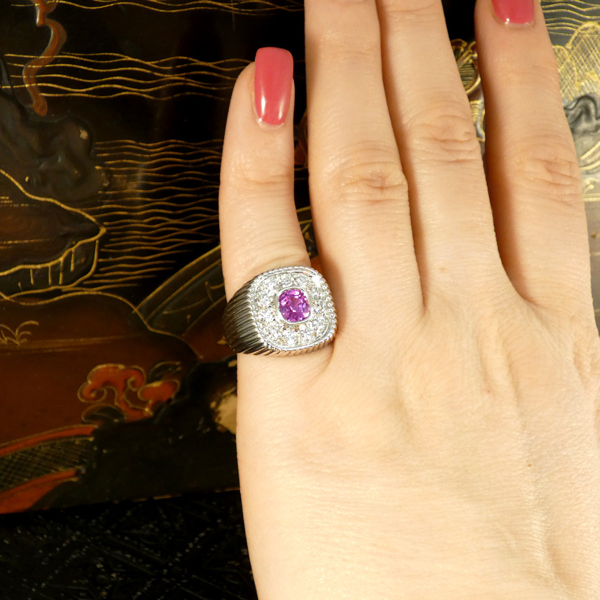 Chunky French Signet Ring with a Pink Sapphire and Diamond Cluster in Platinum - Wharfedale Antiques