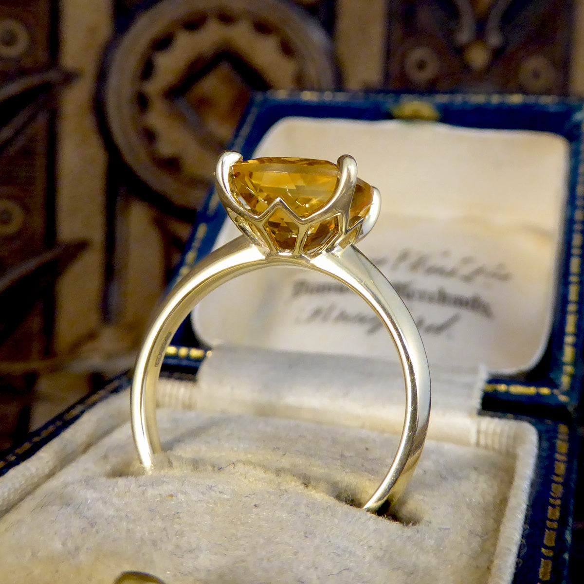 Cushion Citrene Solitaire Ring in Yellow Gold - Wharfedale Antiques