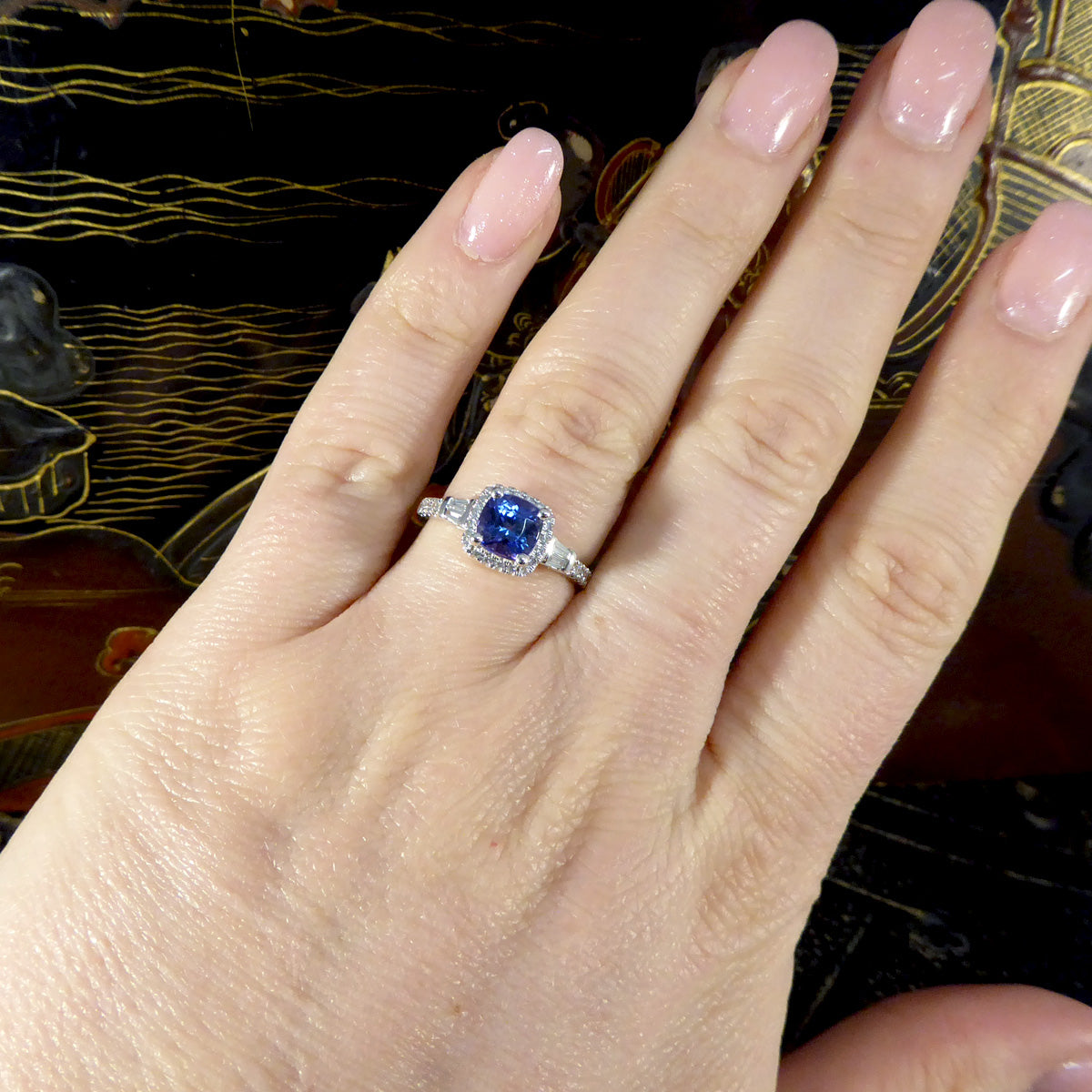 Cushion Cut Tanzanite and Diamond Cluster Ring with Tapered Baguette Shoulders in Platinum - Wharfedale Antiques