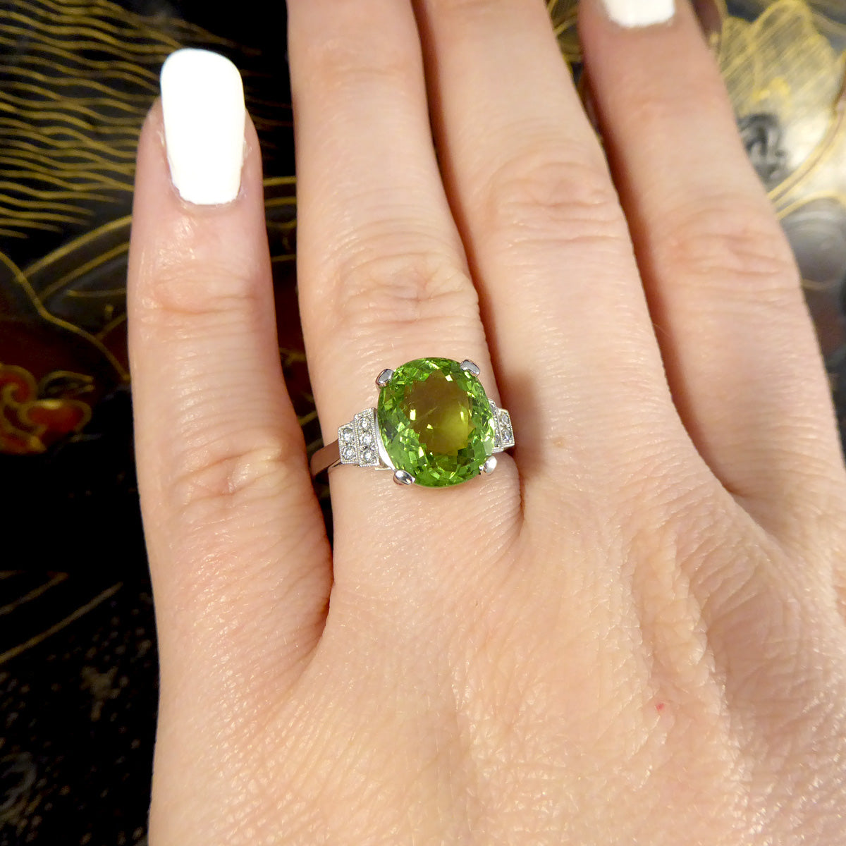 Green Tourmaline Ring with Diamond Staged Shoulders in Platinum - Wharfedale Antiques