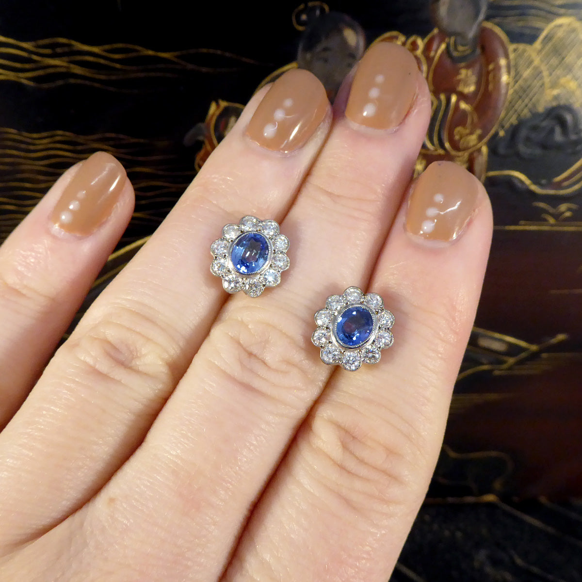Edwardian Inspired Sapphire and Diamond Cluster Earrings in 18ct Gold - Wharfedale Antiques