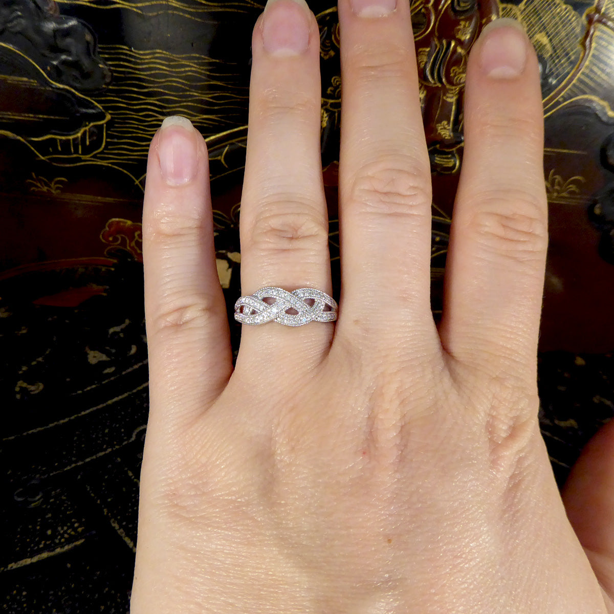 Diamond Set Milgrain Plait Half Eternity Ring in White Gold - Wharfedale Antiques