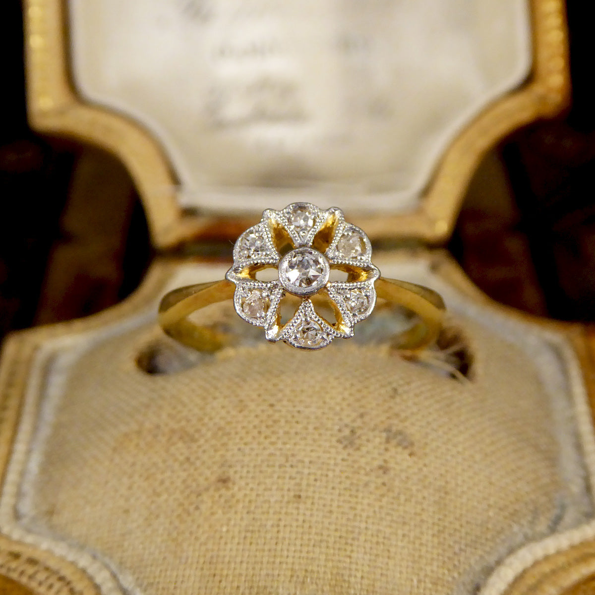 Edwardian Diamond Set Floral Ring in 18ct Yellow Gold and Platinum - Wharfedale Antiques