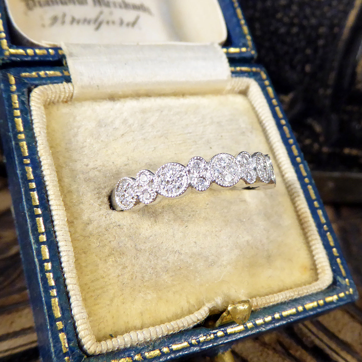 Diamond set Flat Cluster Half Eternity Ring in 18ct White Gold - Wharfedale Antiques