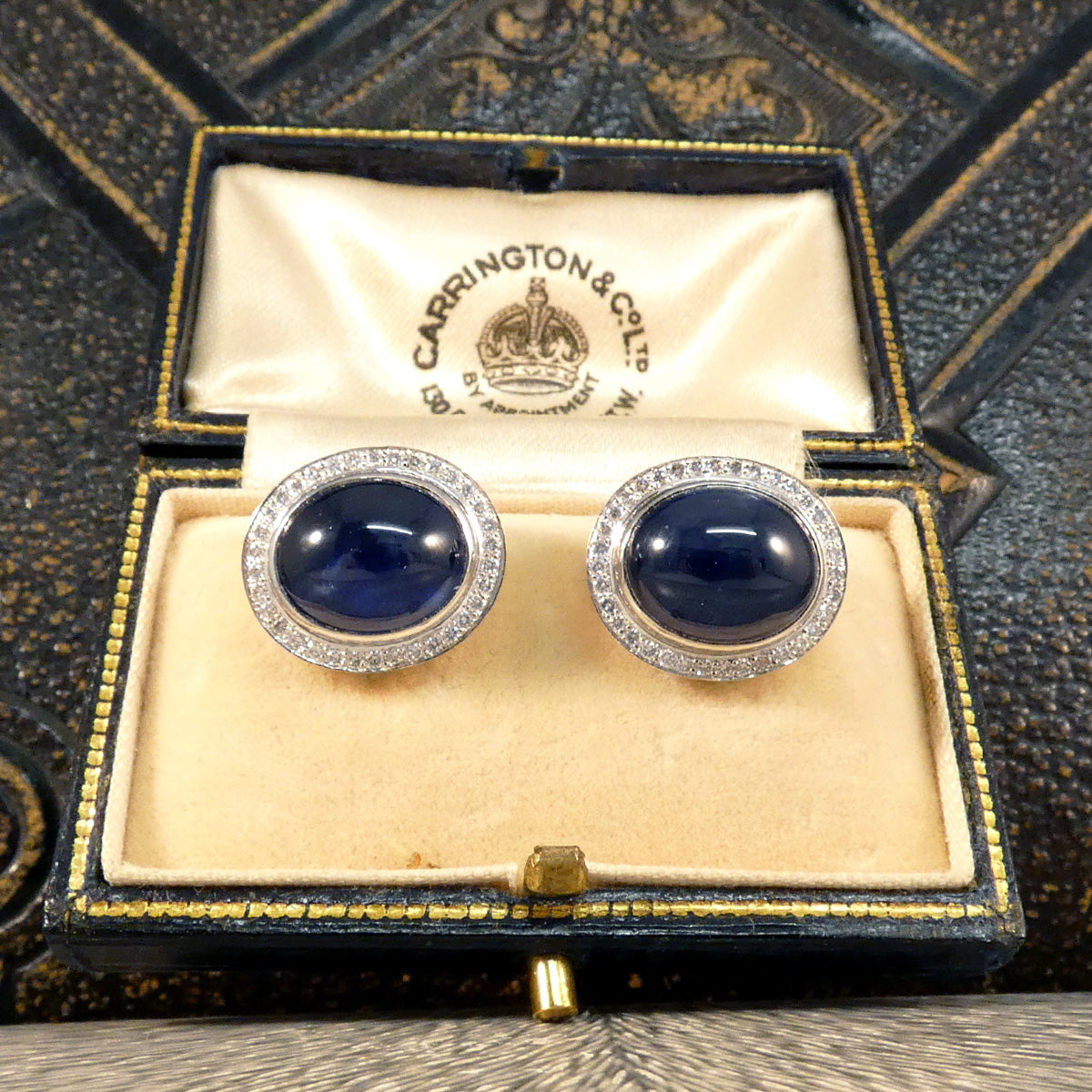 Cabochon Sapphire and Diamond Cluster Stud Earrings 18ct White Gold - Wharfedale Antiques