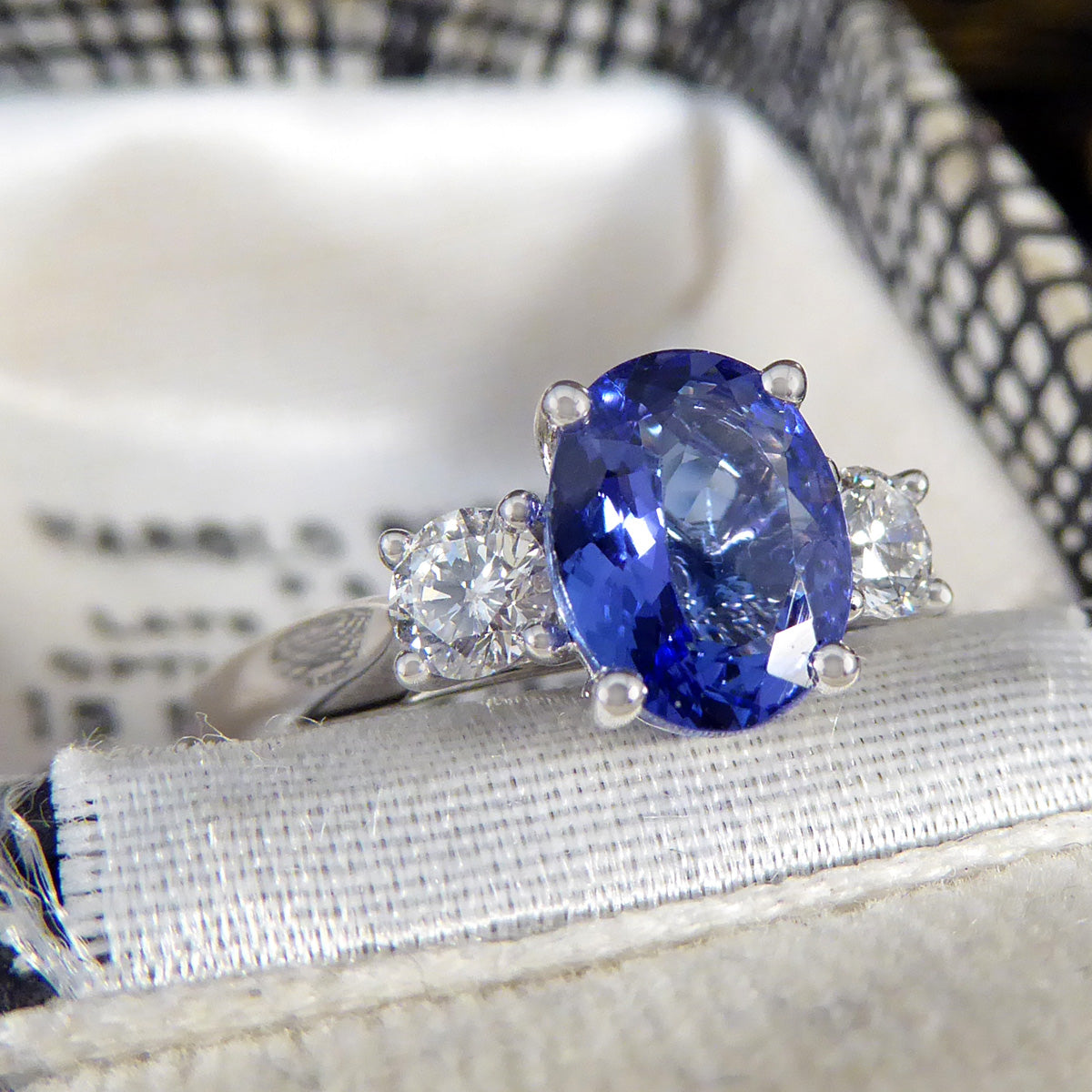 Tanzanite and Diamond Three Stone Ring in 18ct White Gold - Wharfedale Antiques