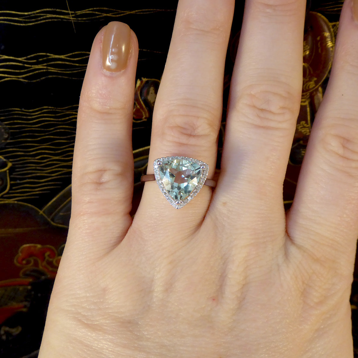 Majestic Trillion Cut Green Amethyst and Diamond Halo Dress Ring in White Gold - Wharfedale Antiques