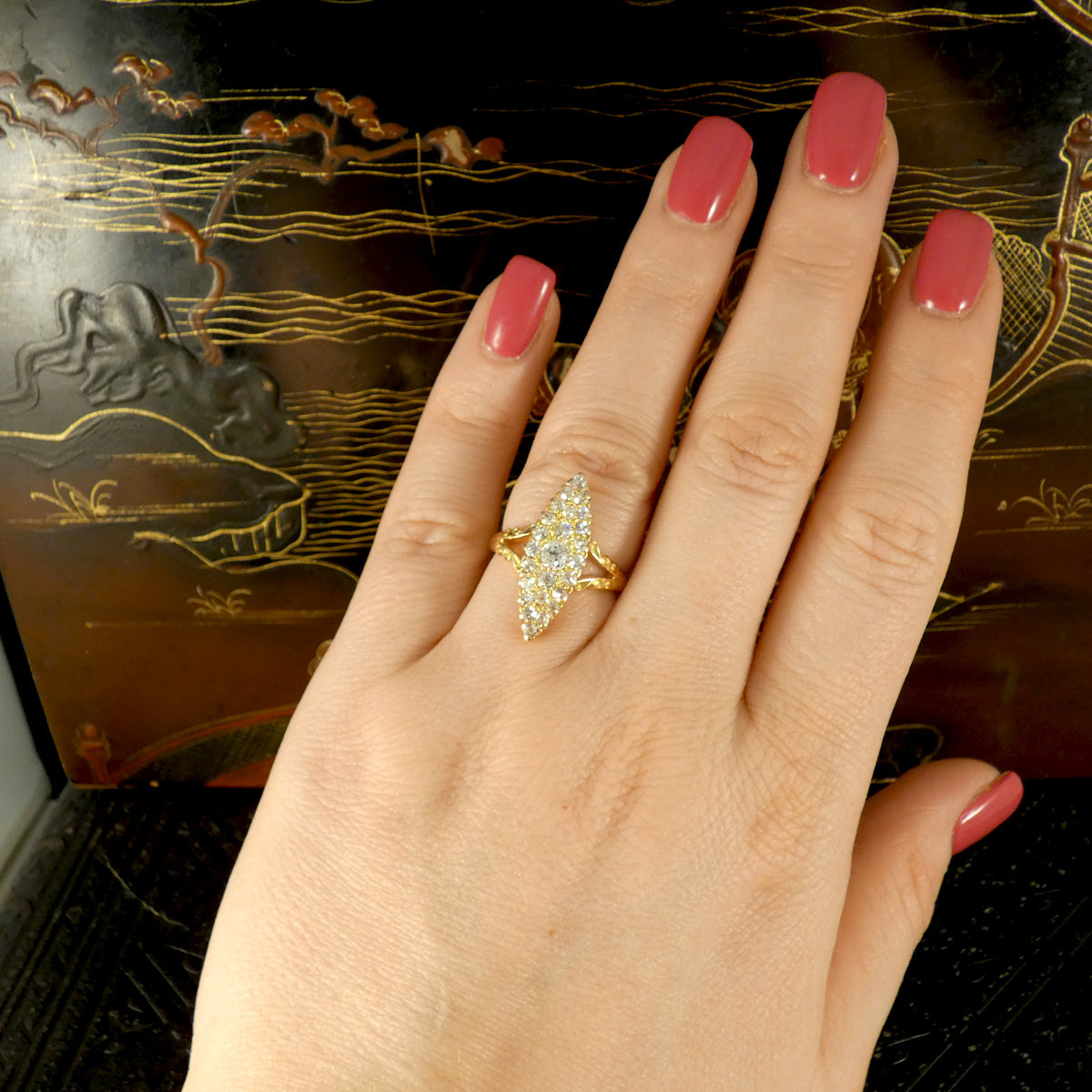 C1900 Antique Diamond Navette Marquise Cluster Ring in 18ct Yellow Gold - Wharfedale Antiques