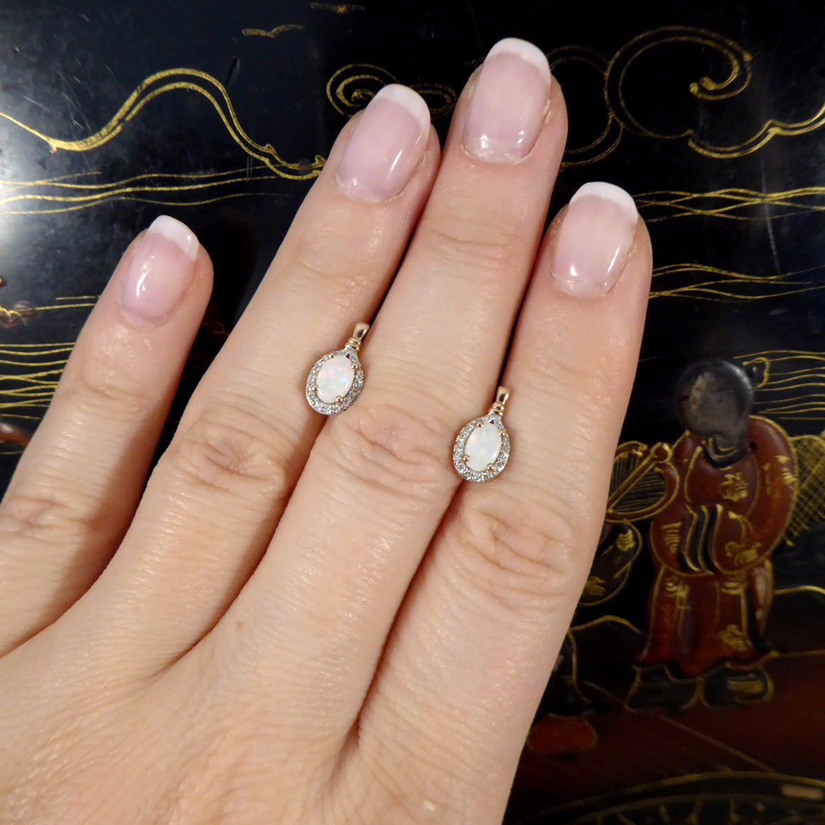 Opal and Diamond Cluster Drop Earrings in Rose Gold - Wharfedale Antiques