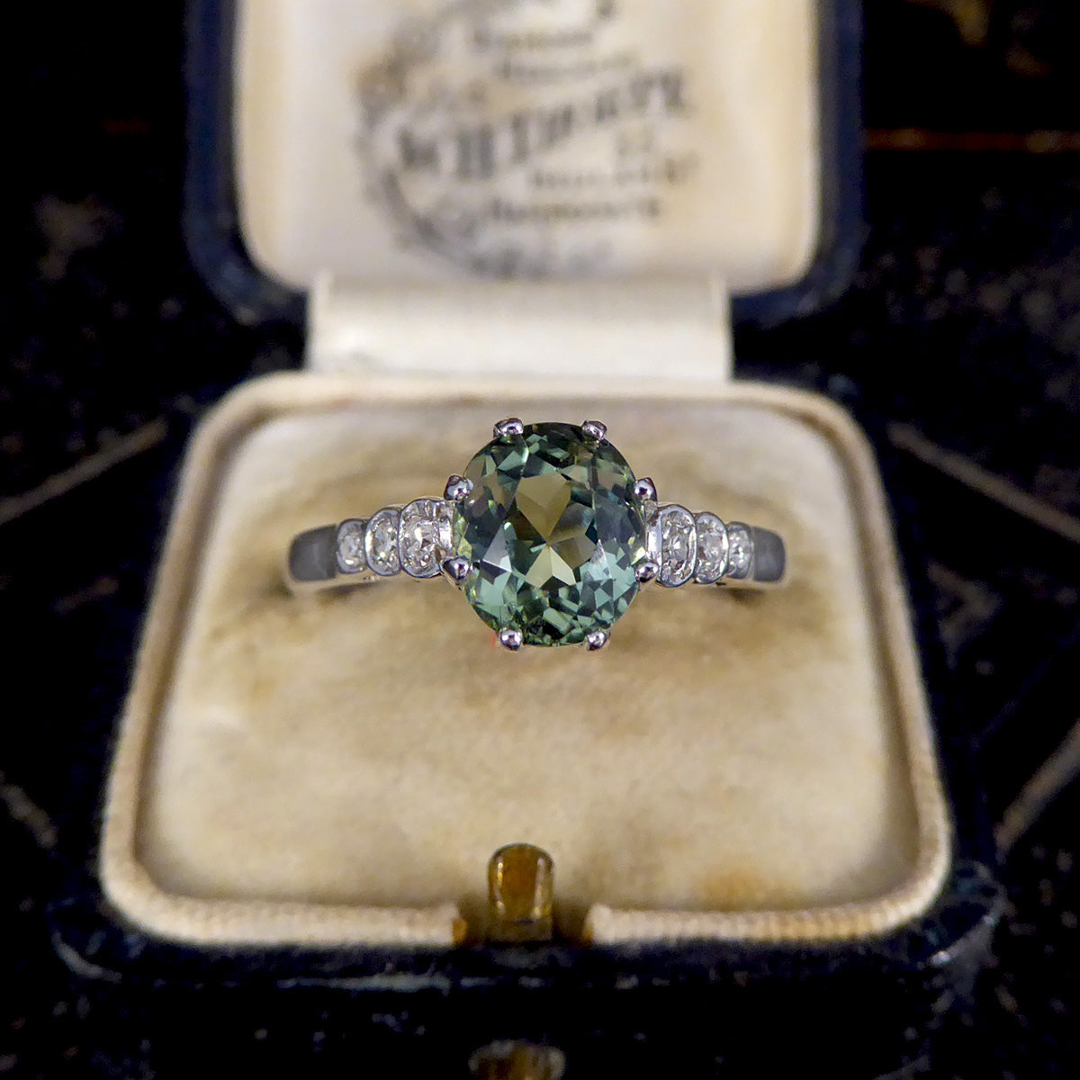 Enchanting Green Tourmaline Ring with Diamond Shoulders in 18ct White Gold - Wharfedale Antiques