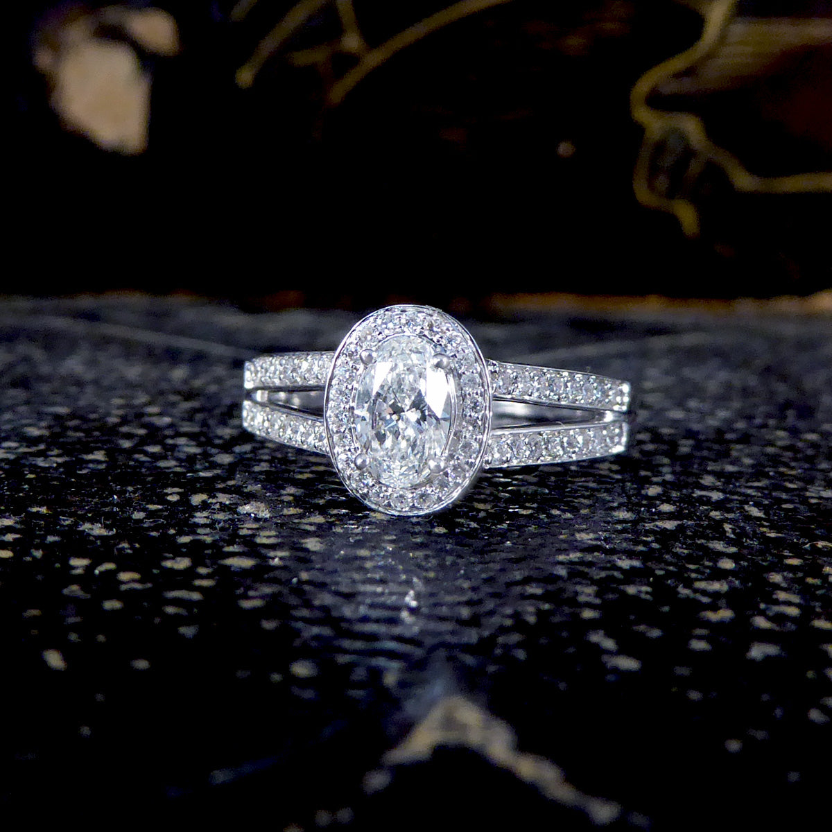 Oval Cut Diamond Cluster Ring with Diamond Set Double Strand Shoulders in 18ct White Gold