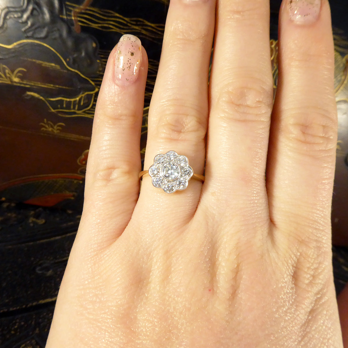 Vintage Daisy Diamond Bezel Set Cluster Ring in 18ct Yellow and White Gold - Wharfedale Antiques