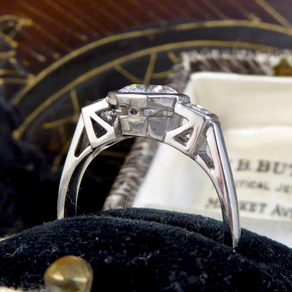 Old European and French Cut Diamond Octagon Design Three Stone Ring in Platinum - Wharfedale Antiques