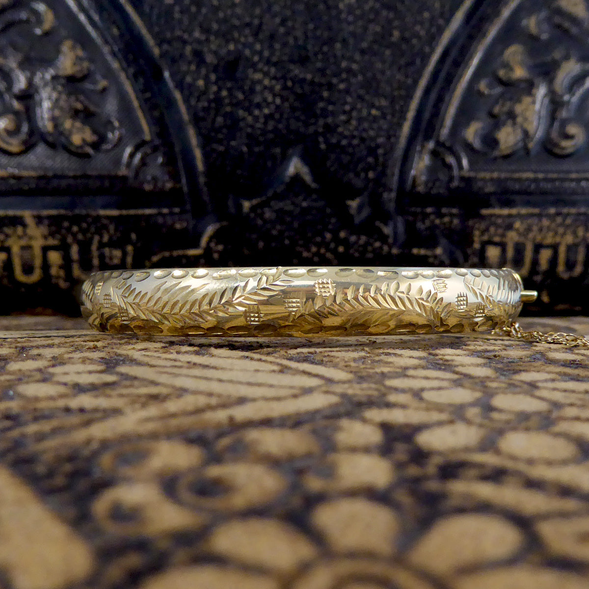 Vintage Yellow Gold Engraved Bangle with Safety Chain - Wharfedale Antiques