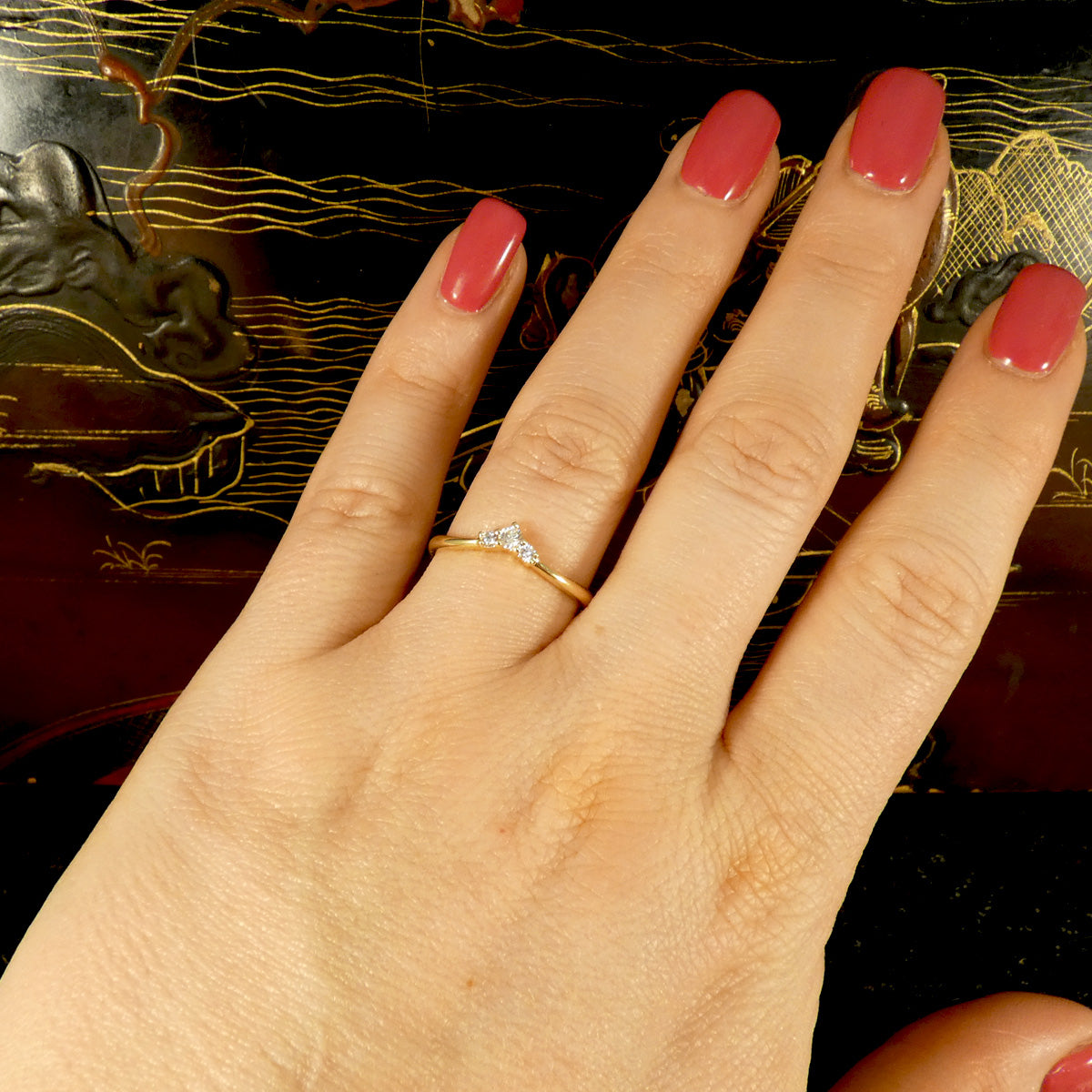 Fine and Dainty Diamond Set Mini Wishbone Ring in Yellow Gold - Wharfedale Antiques