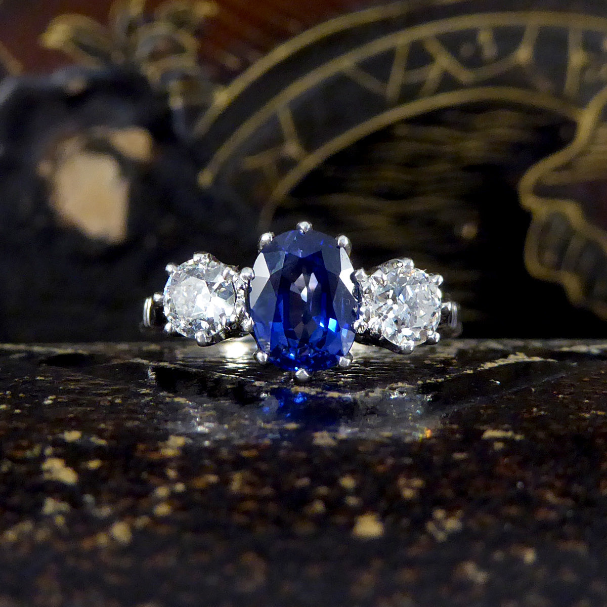1.50ct Sapphire and 0.55ct Diamond Three Stone Ring in Platinum - Wharfedale Antiques