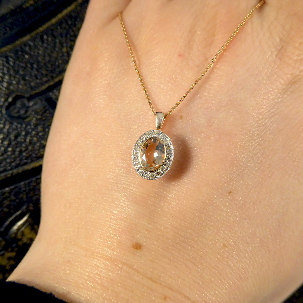 Morganite and Diamond Halo Cluster Pendant Necklace in White and Rose Gold - Wharfedale Antiques