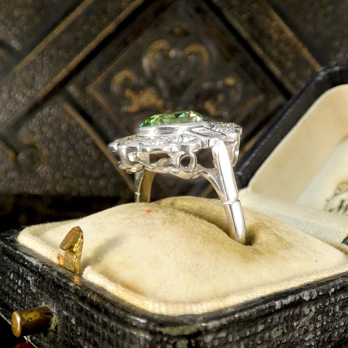 Edwardian Style 2.51ct Green Garnet and 1.20ct Diamond Cluster Ring in Platinum - Wharfedale Antiques